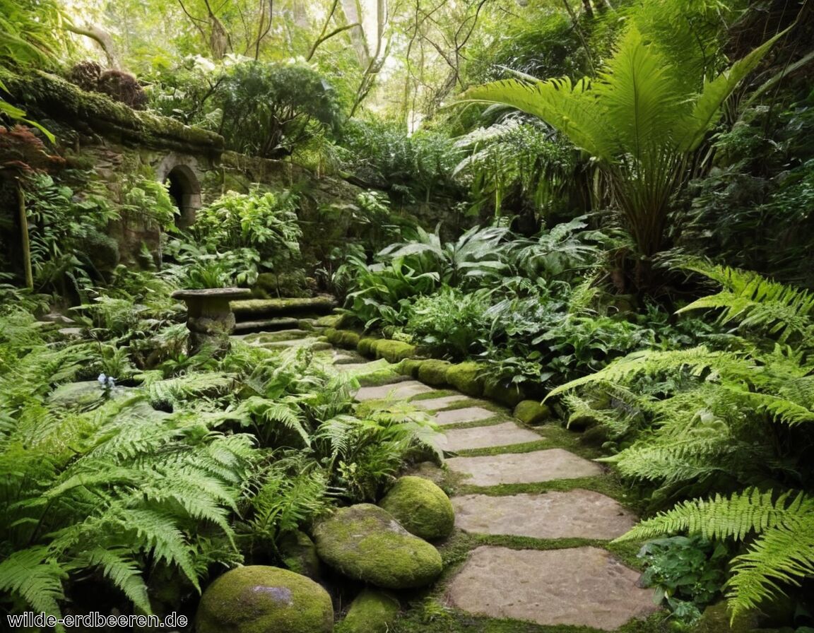 Schattige Oase mit Farnen und Schattengewächsen   - Garten ohne Rasen » Ideen für deine grüne Oase